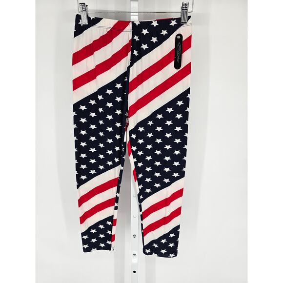 Womens OS One Size Pull On Leggings American Flag USA Patriotic Red White Blue - Picture 1 of 4